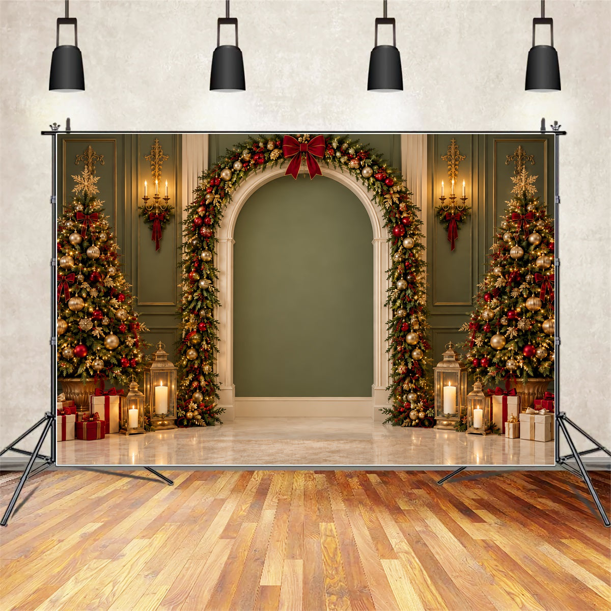 Christmas Picture Backdrop Green Gold Garland Archway Santa Photo Backdrop ZTT69-67