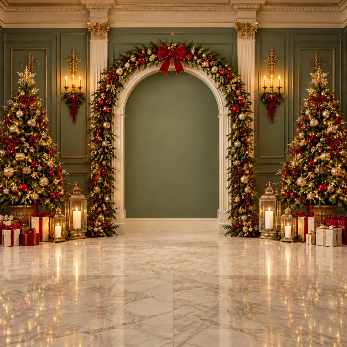 Christmas Picture Backdrop Green Gold Garland Archway Santa Photo Backdrop ZTT69-67