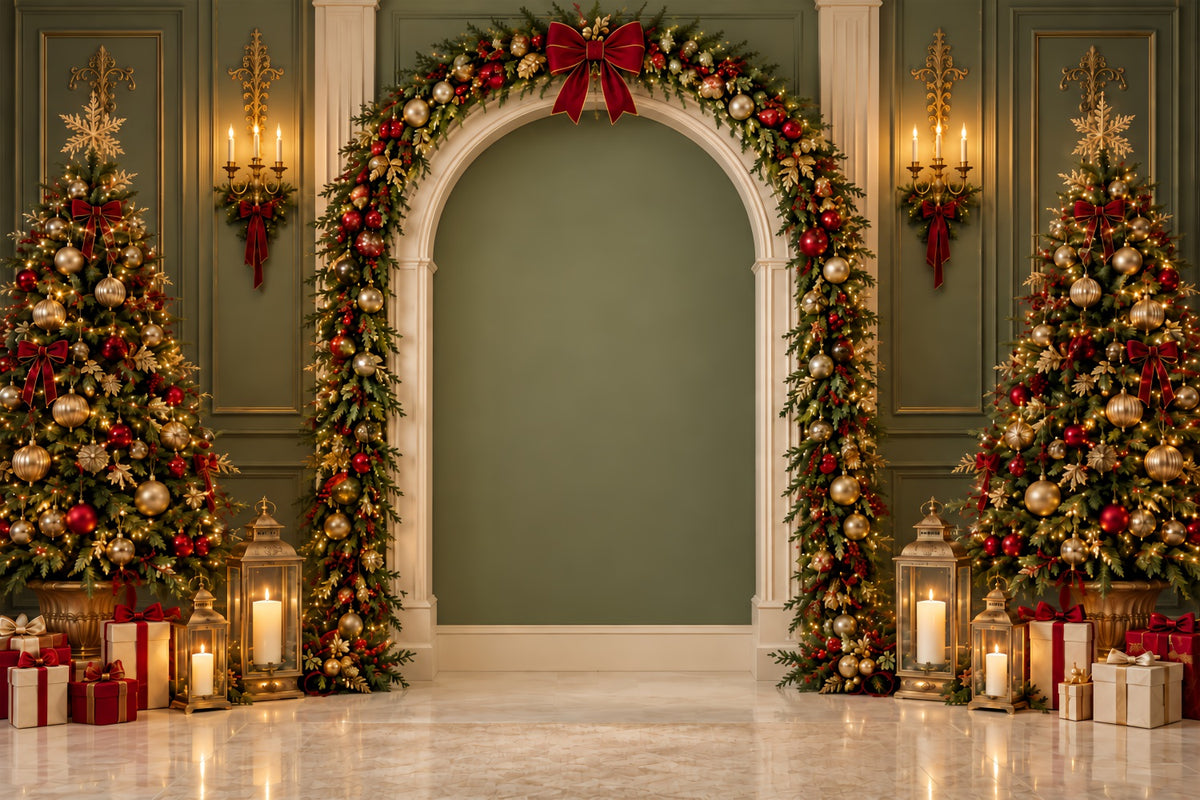 Christmas Picture Backdrop Green Gold Garland Archway Santa Photo Backdrop ZTT69-67