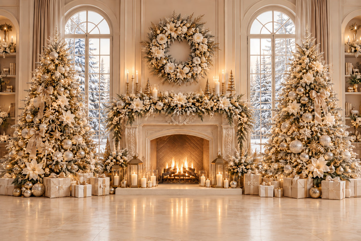 Christmas Picture Backdrop Ivory Floral Fireplace Display Elegant Christmas Backdrop ZTT69-68