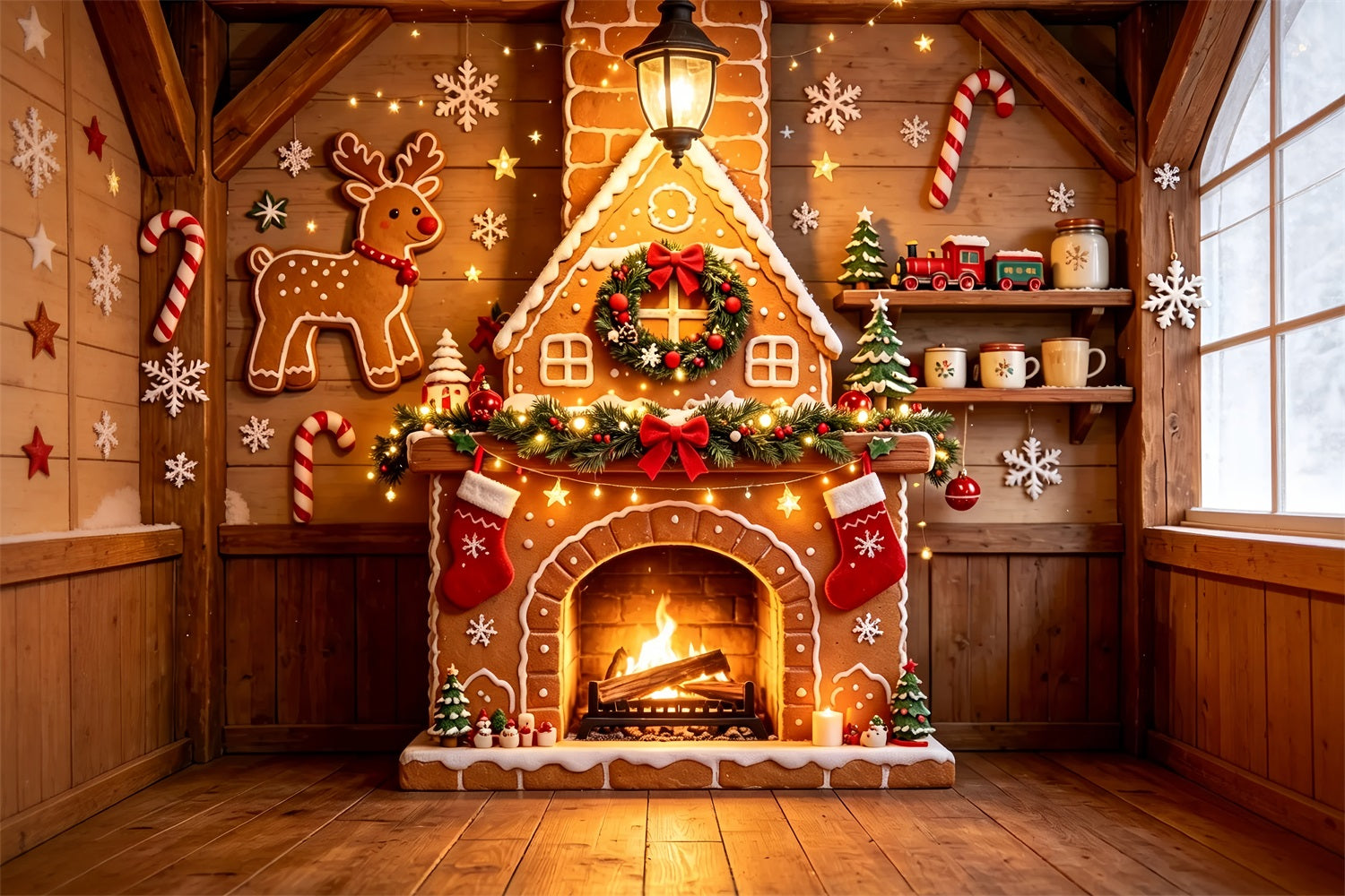 Gingerbread Christmas Backdrop Wooden Cabin Fireplace Cottage Wall Backdrop Christmas ZTT69-7