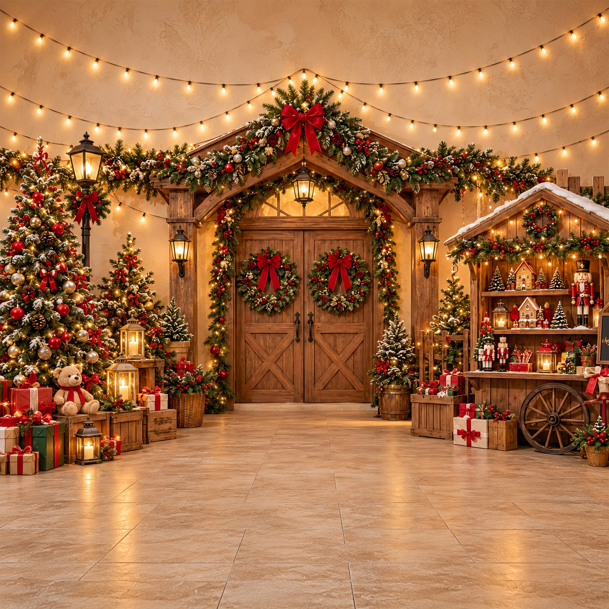 Christmas Photo Booth Backdrop Festive Wooden Market Entrance Christmas Party Backdrop ZTT69-70