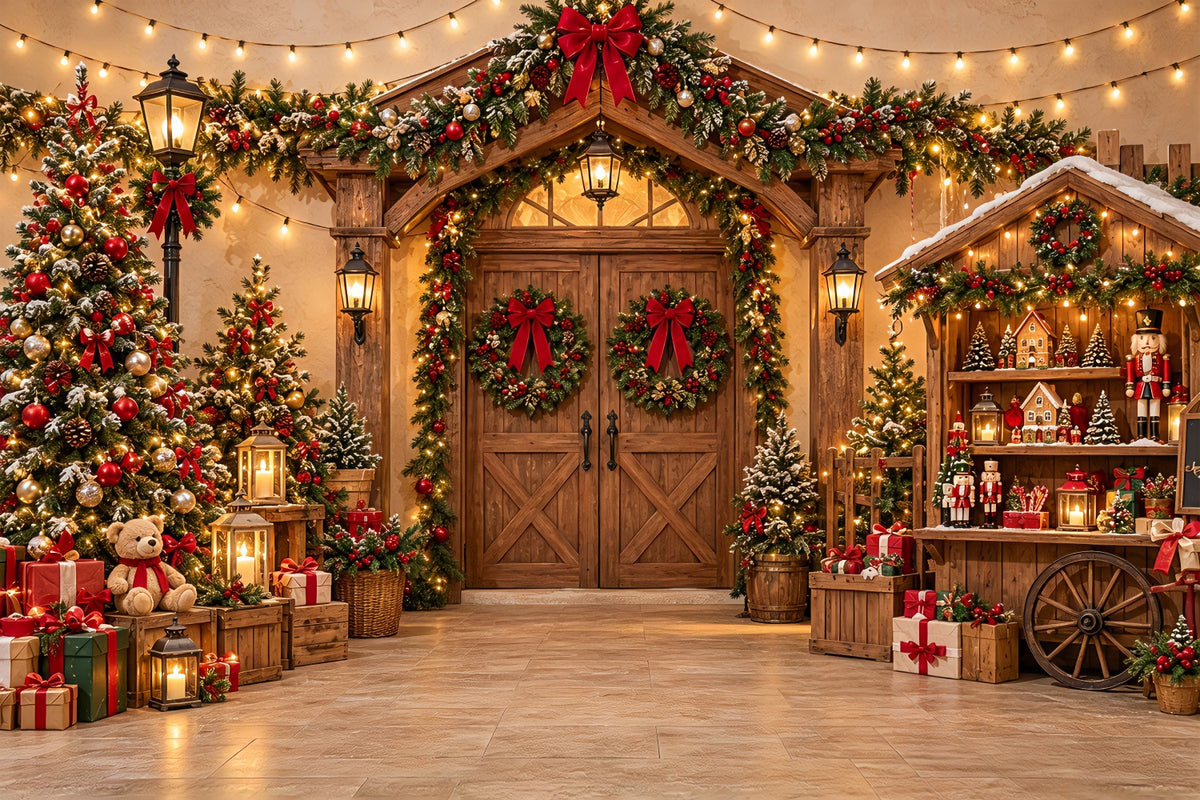Christmas Photo Booth Backdrop Festive Wooden Market Entrance Christmas Party Backdrop ZTT69-70