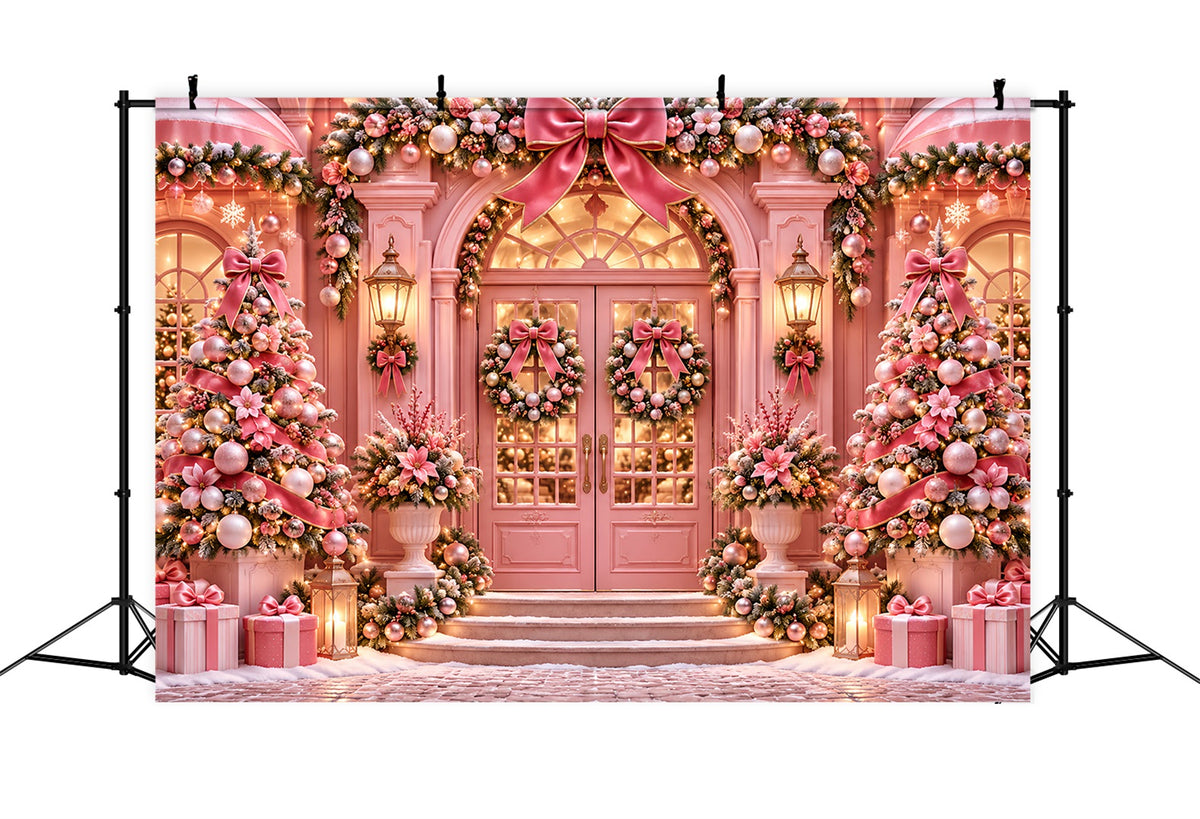 Outdoor Christmas Backdrop Pink Bow Doorway Display Pink Christmas Backdrop ZTT69-71