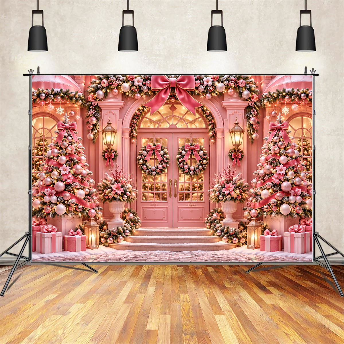 Outdoor Christmas Backdrop Pink Bow Doorway Display Pink Christmas Backdrop ZTT69-71