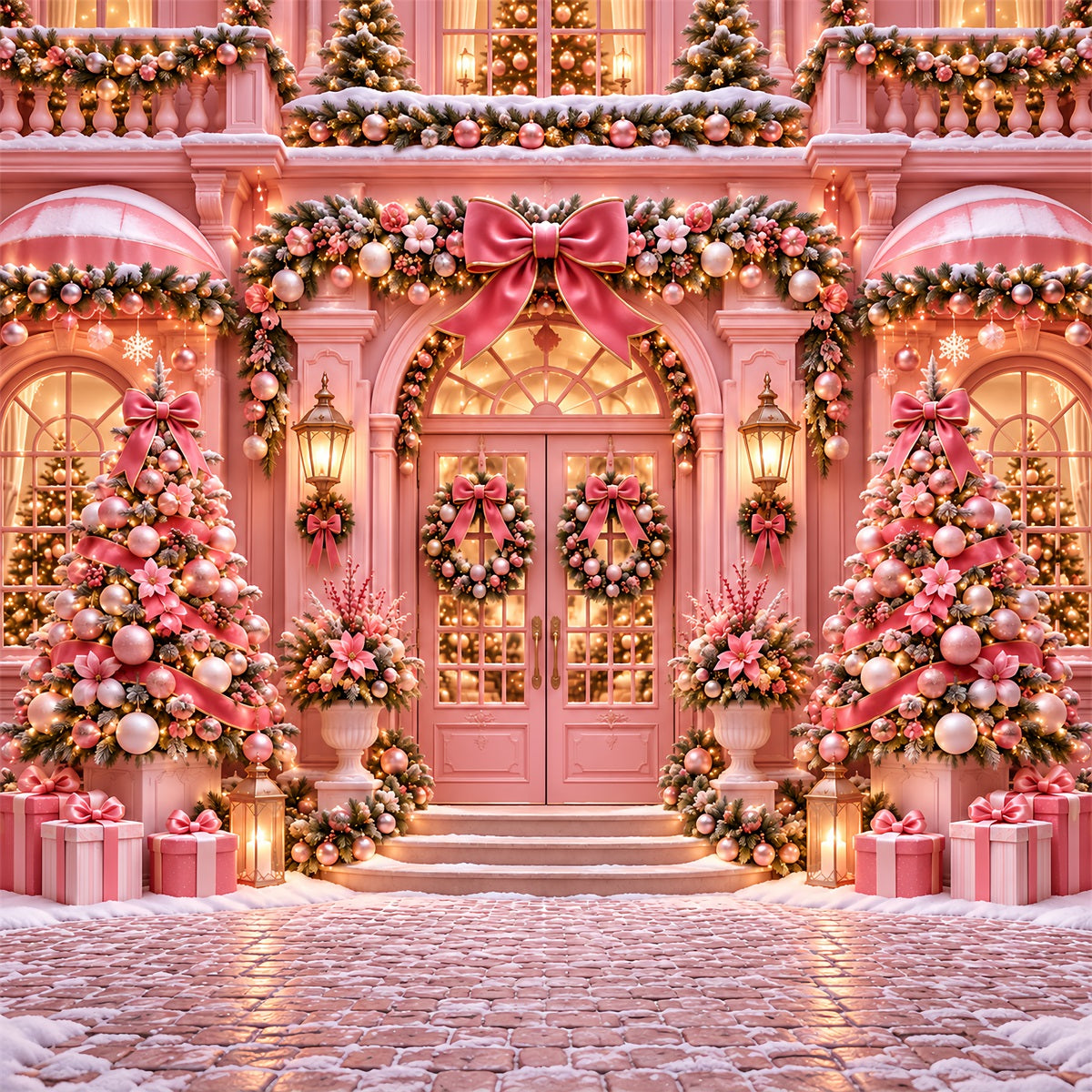 Outdoor Christmas Backdrop Pink Bow Doorway Display Pink Christmas Backdrop ZTT69-71