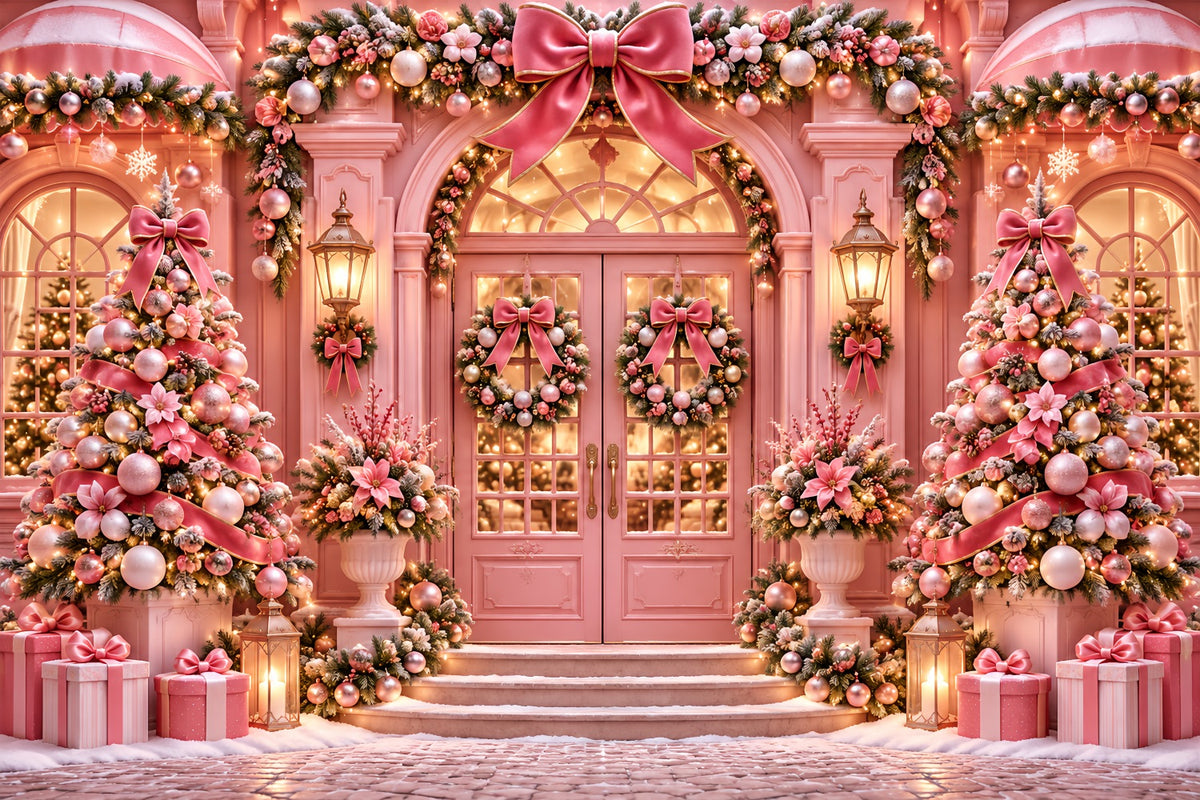 Outdoor Christmas Backdrop Pink Bow Doorway Display Pink Christmas Backdrop ZTT69-71