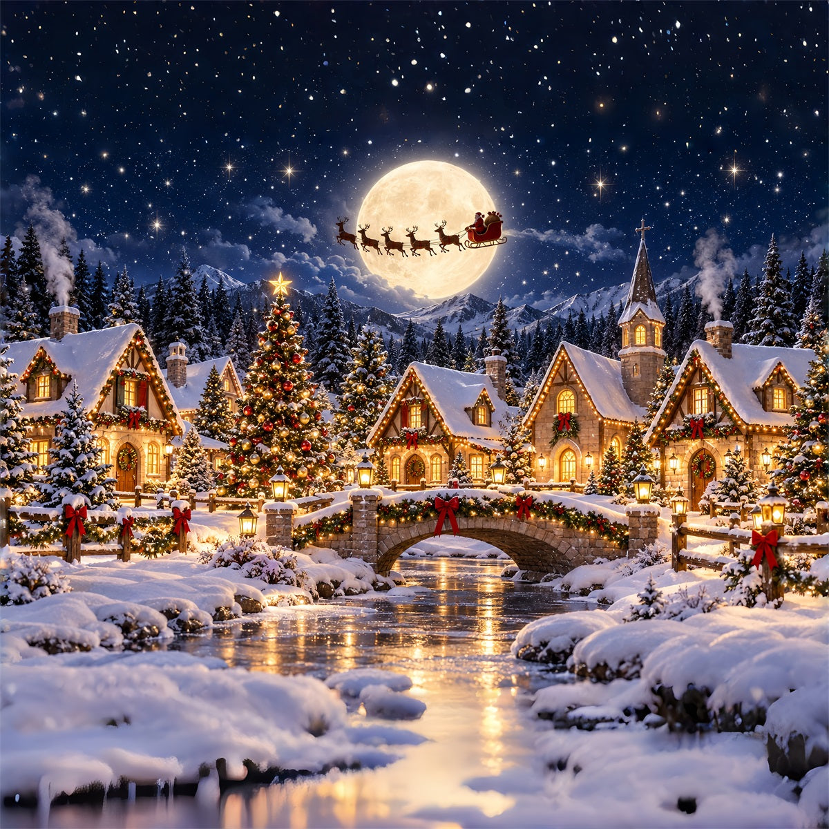 Santa Photo Backdrops Moonlit Santa Village Flight Santa Backdrops ZTT69-74
