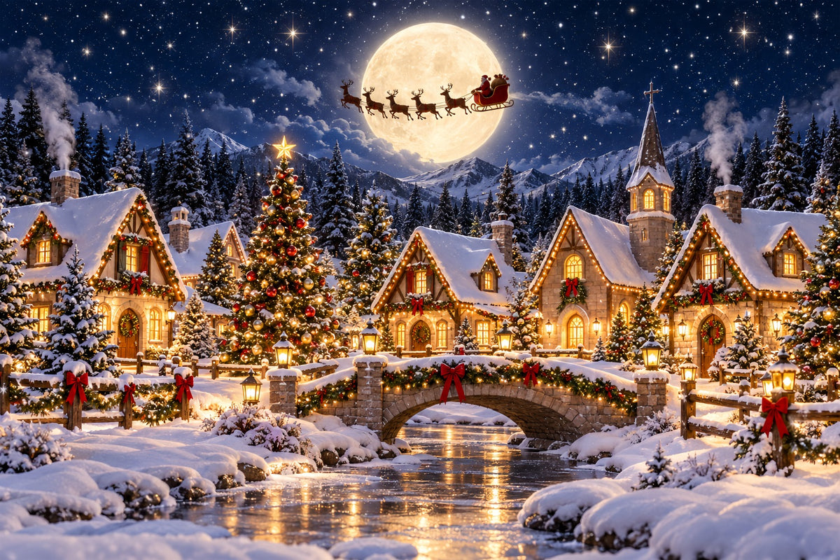 Santa Photo Backdrops Moonlit Santa Village Flight Santa Backdrops ZTT69-74