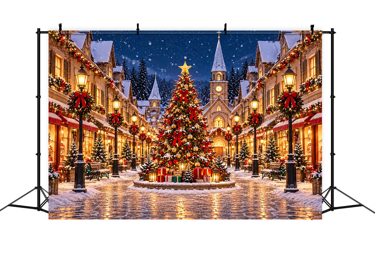 Backdrop For Christmas Village Snowy Town Square Lights Christmas Village Backdrops ZTT69-75