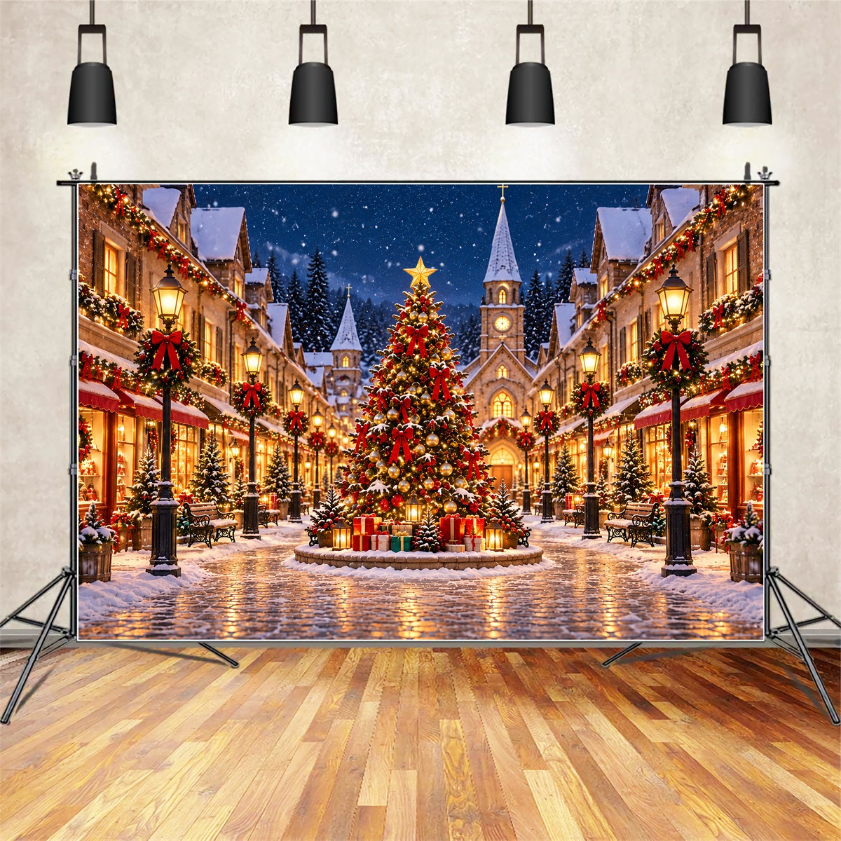 Backdrop For Christmas Village Snowy Town Square Lights Christmas Village Backdrops ZTT69-75