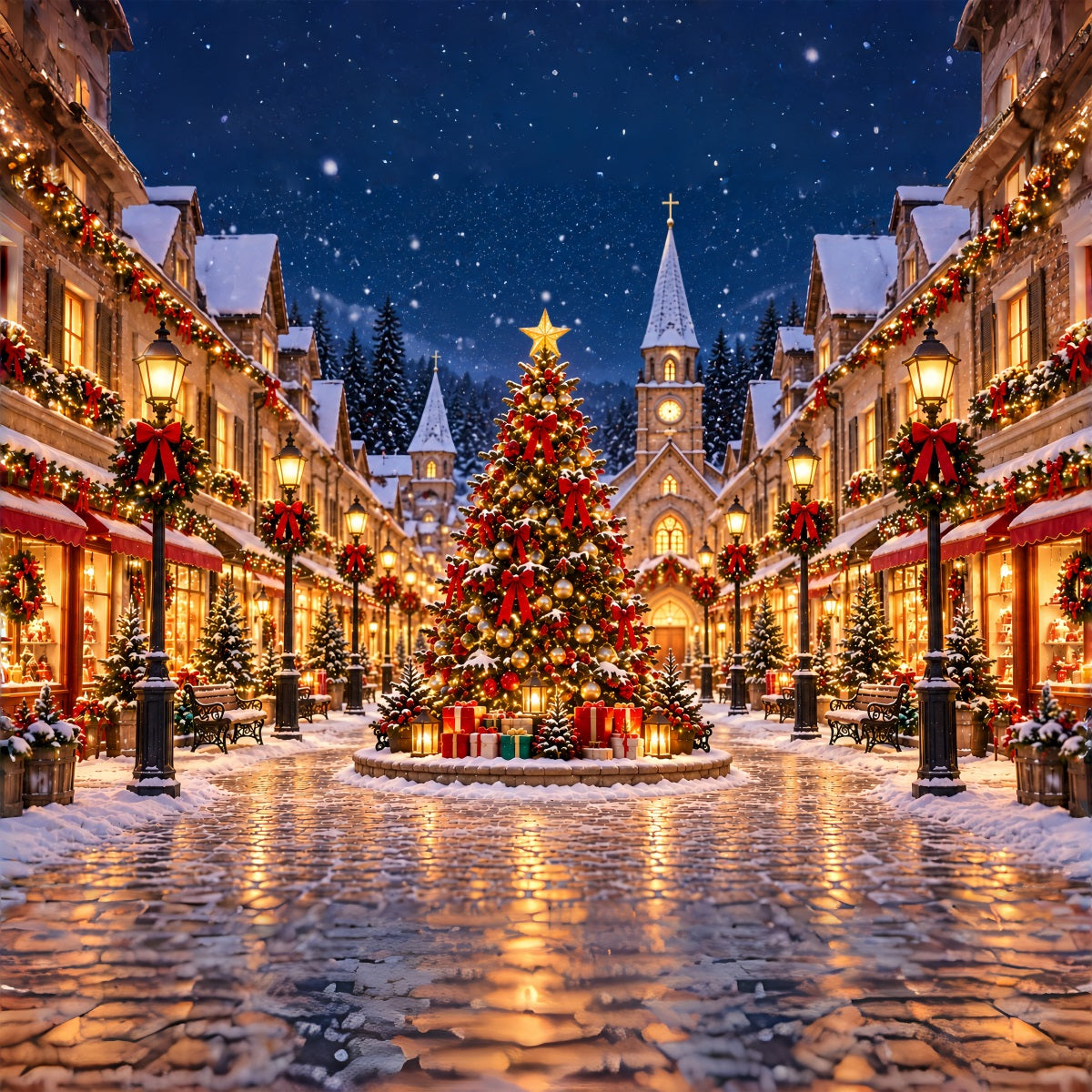 Backdrop For Christmas Village Snowy Town Square Lights Christmas Village Backdrops ZTT69-75