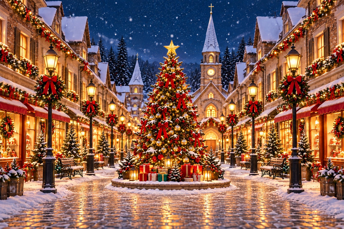 Backdrop For Christmas Village Snowy Town Square Lights Christmas Village Backdrops ZTT69-75