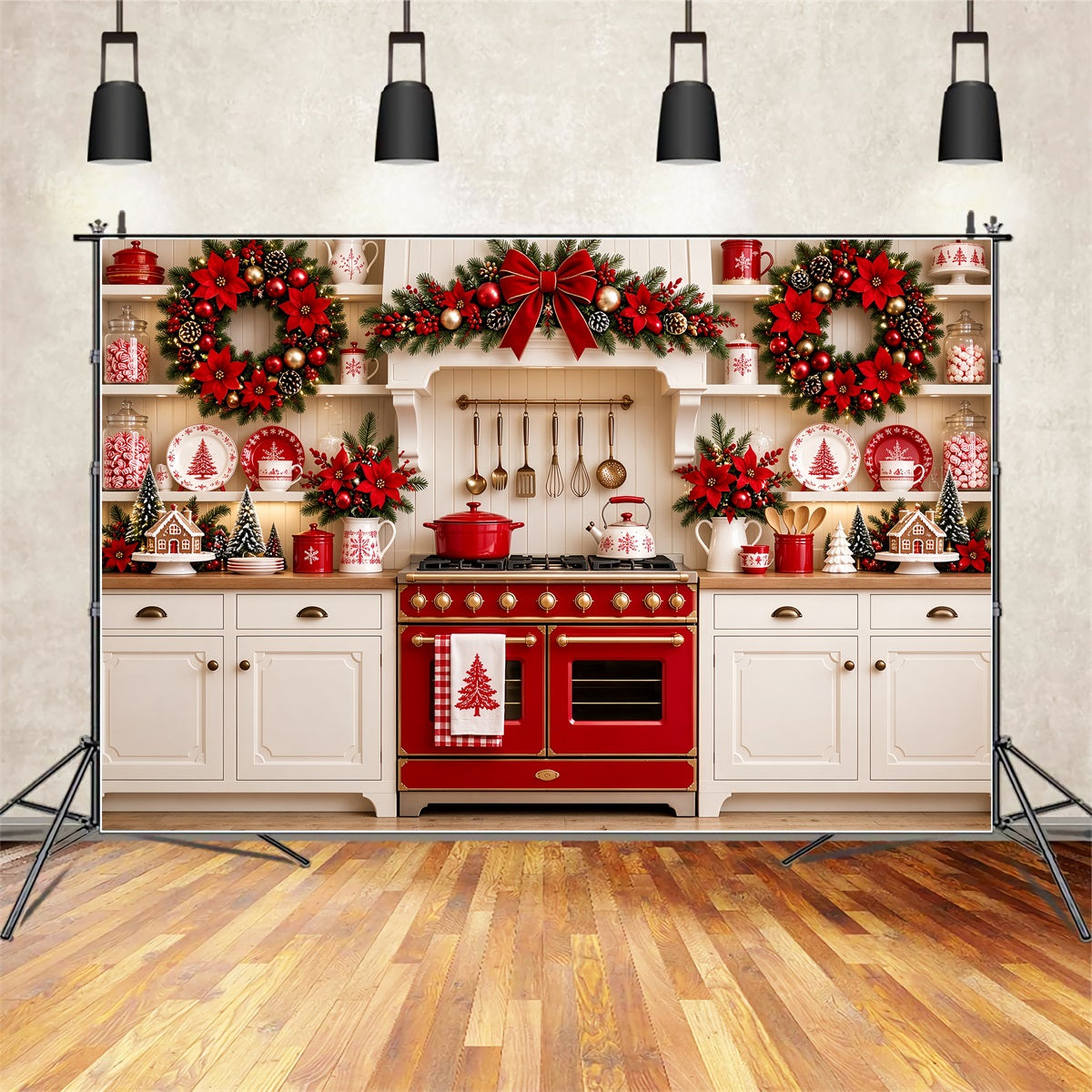 Christmas Kitchen Photo Backdrop Red Poinsettia Kitchen Display Christmas Window Backdrop ZTT69-77