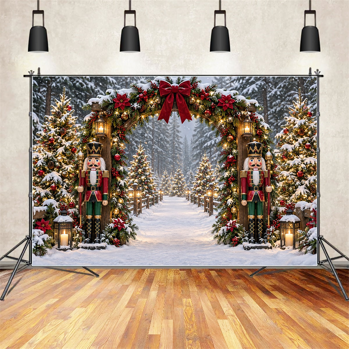 Christmas Lights Backdrop Snowy Nutcracker Garland Arch Nutcracker Photo Backdrop ZTT69-79
