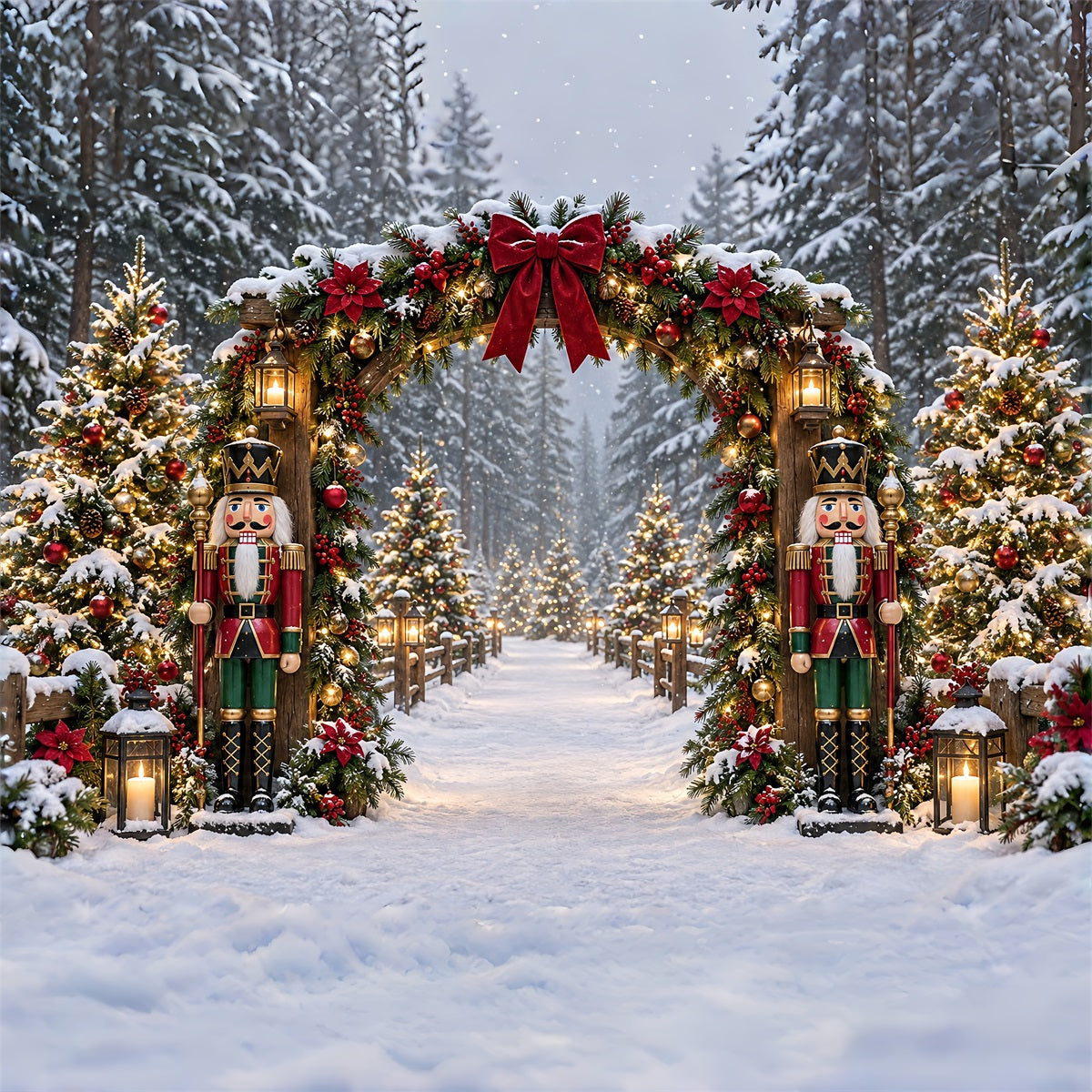 Christmas Lights Backdrop Snowy Nutcracker Garland Arch Nutcracker Photo Backdrop ZTT69-79