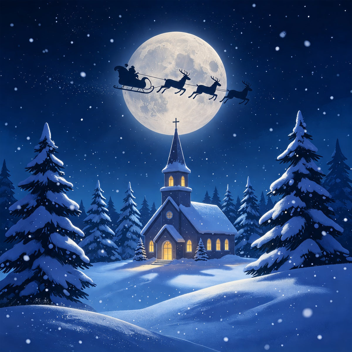 Christmas Night Backdrop Moonlit Church Snow Forest Muslin Christmas Backdrop ZTT69-8