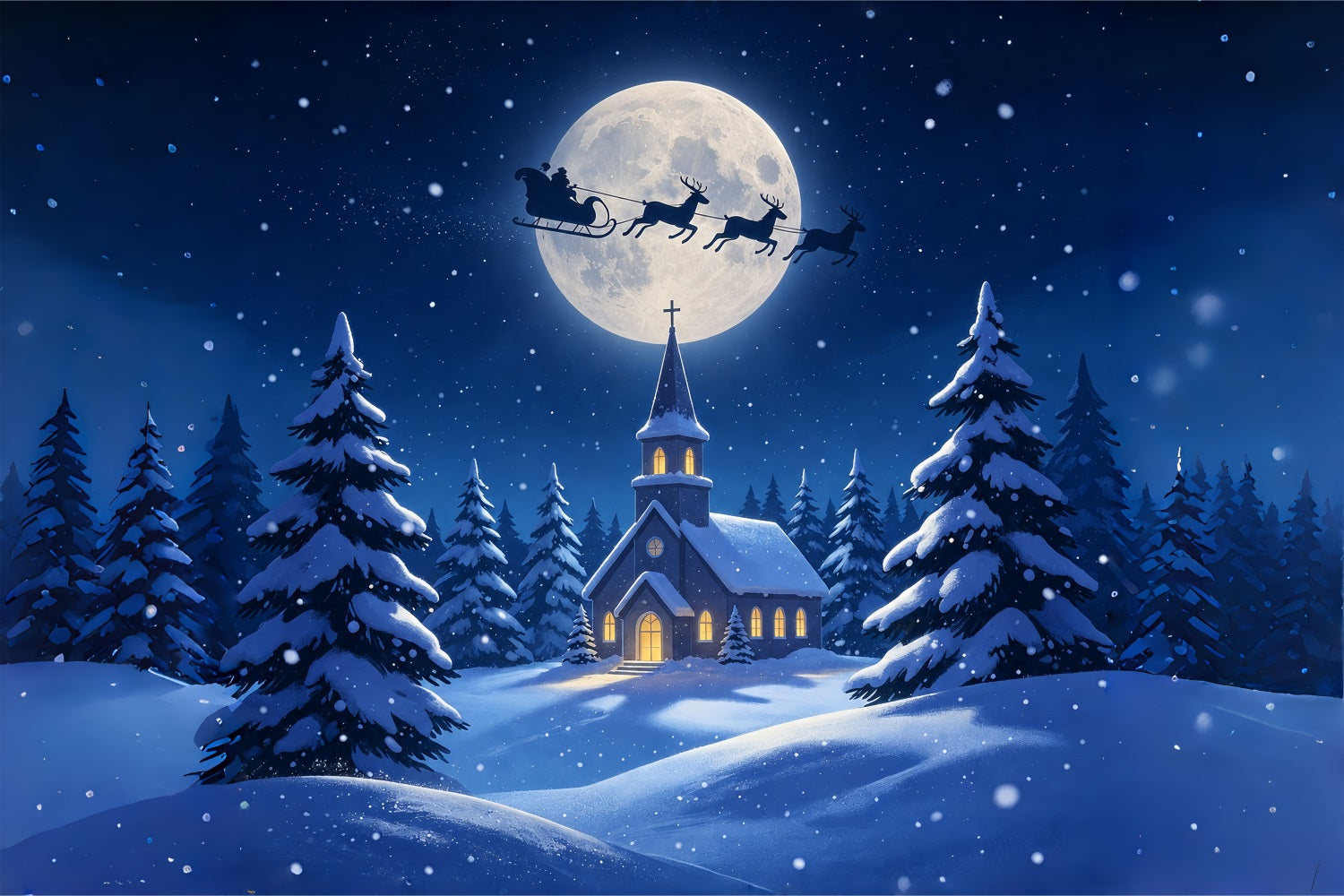 Christmas Night Backdrop Moonlit Church Snow Forest Muslin Christmas Backdrop ZTT69-8