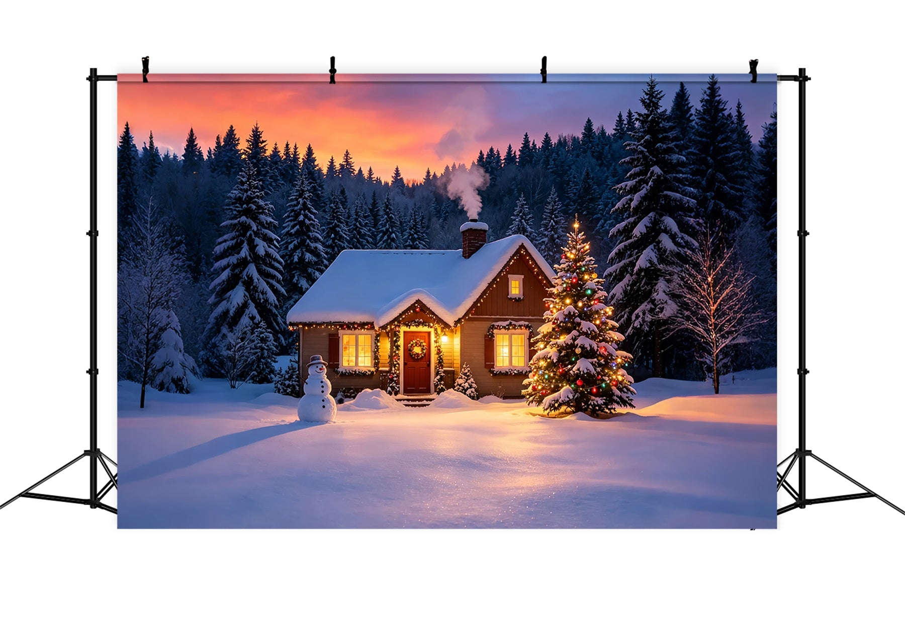 Snowy Christmas Backdrop Winter Cabin Sunset Glow Muslin Backdrop Christmas ZTT69-9