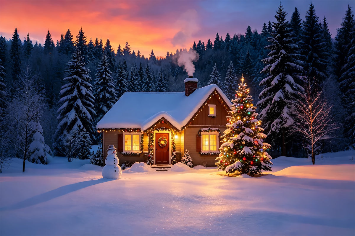 Snowy Christmas Backdrop Winter Cabin Sunset Glow Muslin Backdrop Christmas ZTT69-9