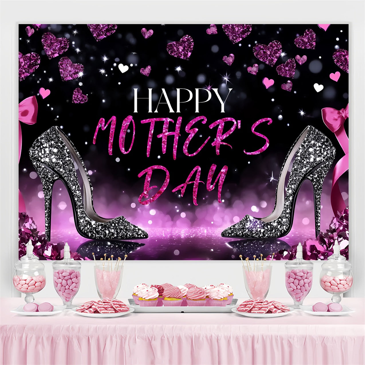 Mothers Day Photo Backdrop Heart Glitter Heels Customized Backdrop ZXY3-1