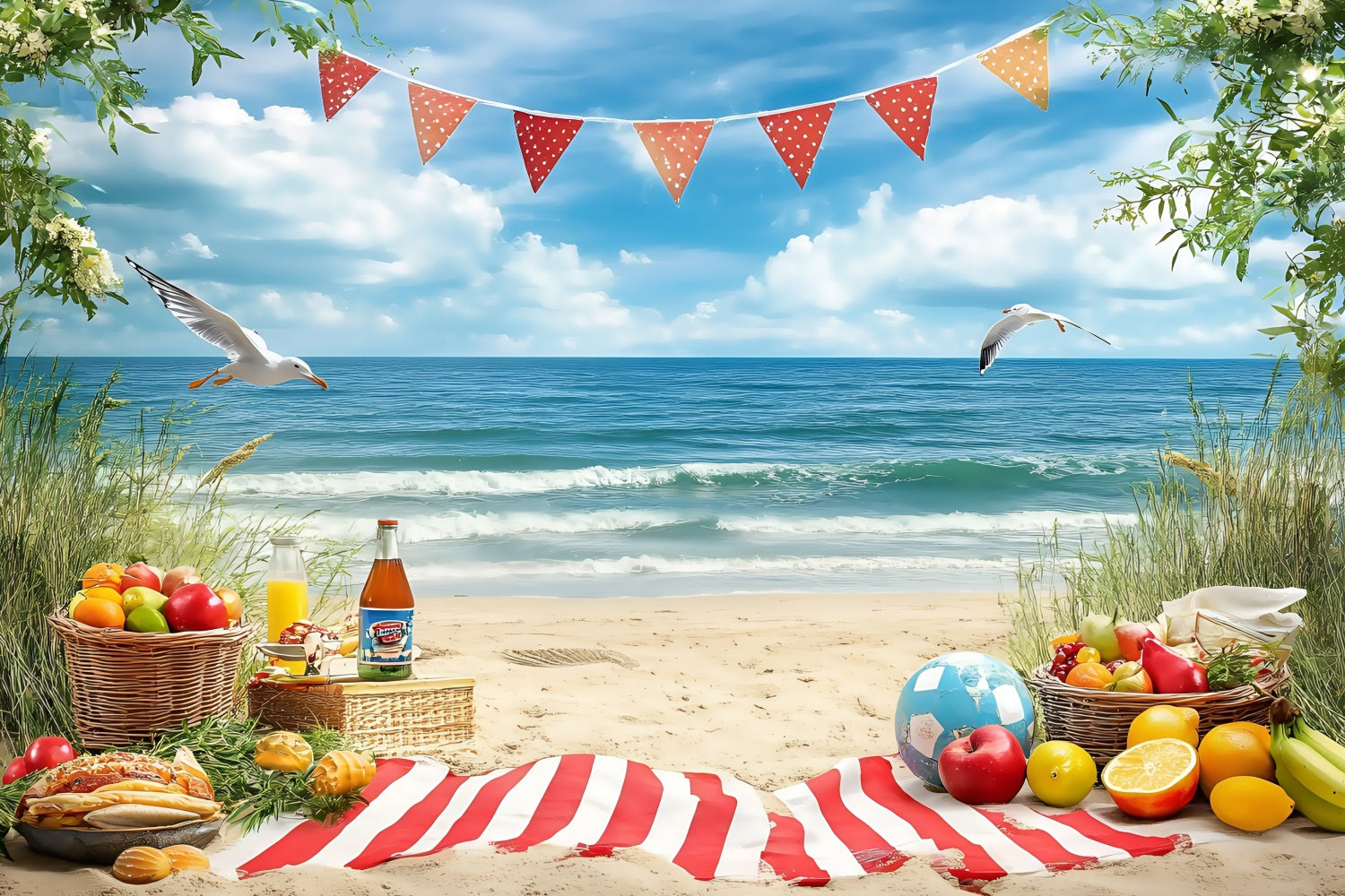 Beach Photo Backdrop Tropical Fruit Picnic Summer Backdrop ZXY3-10