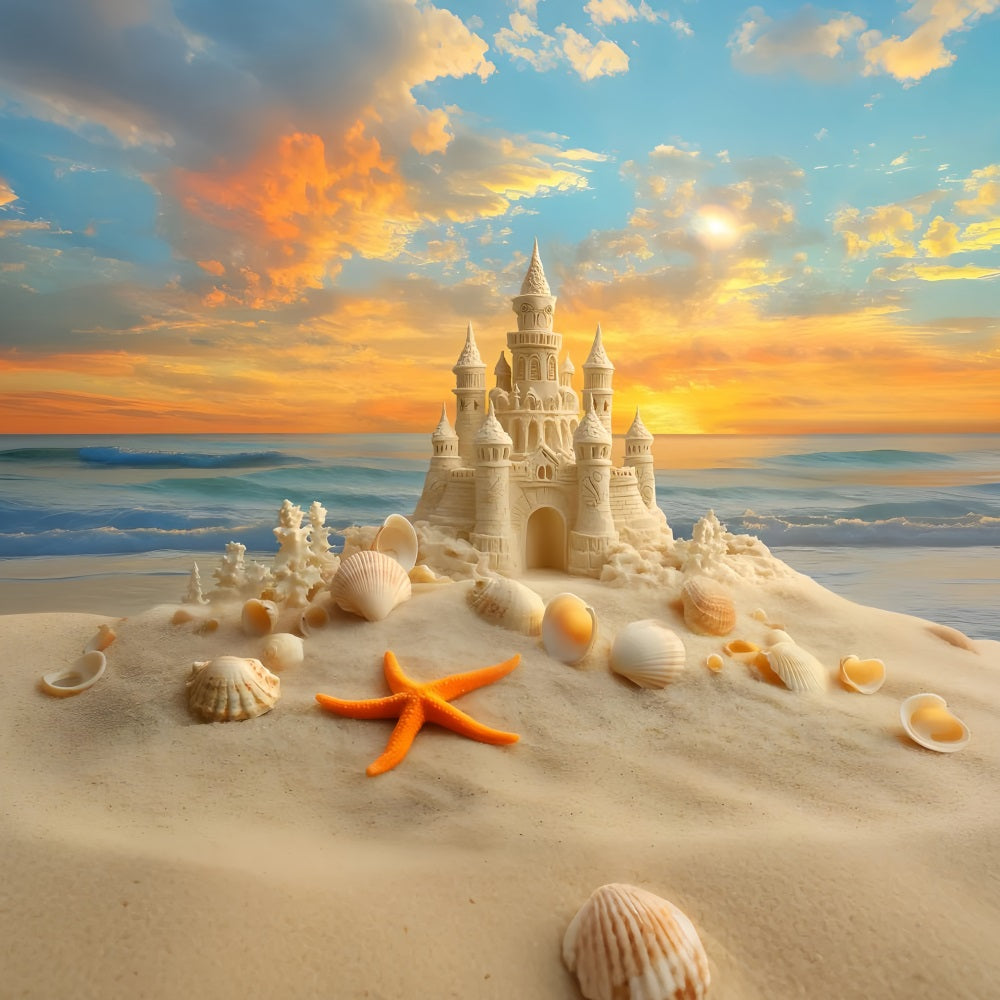 Beach Sand Backdrop Sunset Sandcastle Starfish Summer Backdrop ZXY3-15