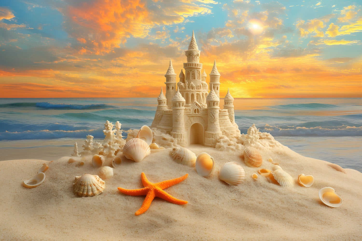 Beach Sand Backdrop Sunset Sandcastle Starfish Summer Backdrop ZXY3-15