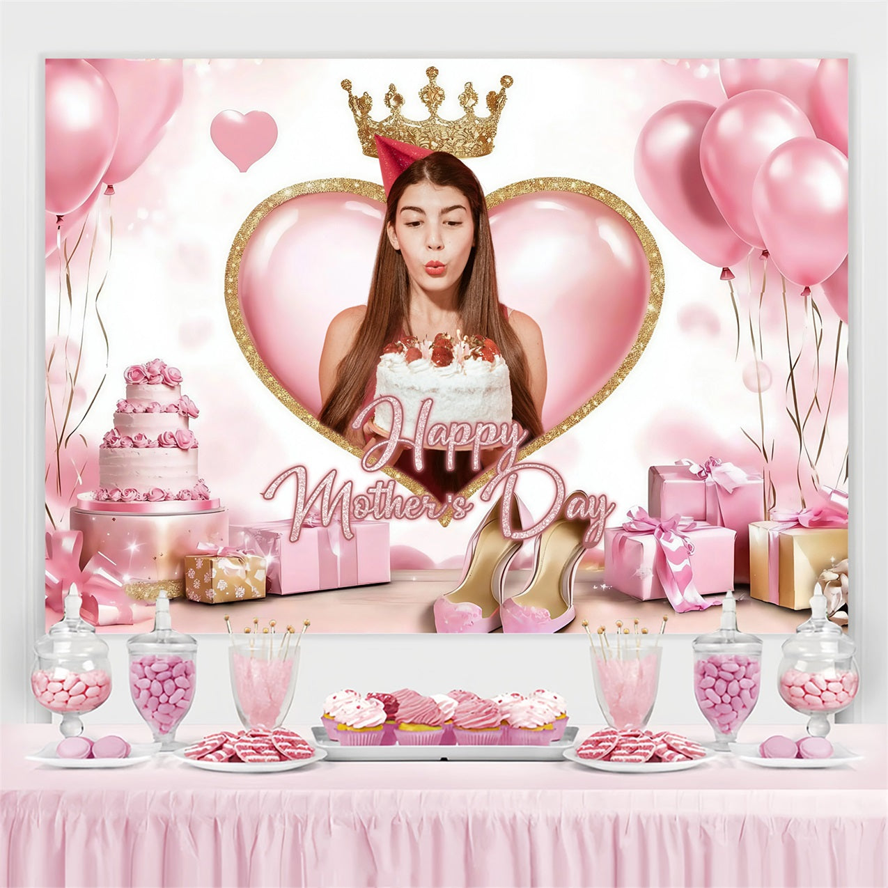Mothers Day Backdrop Balloons Cake Crown Custom Backdrop ZXY3-5