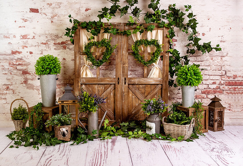 Spring Green Plants Wood Window Backdrop