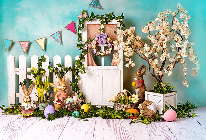 Easter Bunny Eggs Colorful Flowers Backdrop