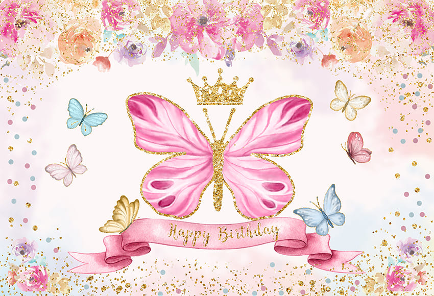 Pink Butterfly Flowers Custom Birthday Backdrop