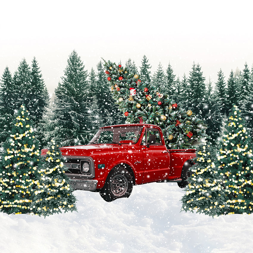Red Truck Christmas Trees Backdrop for Photography