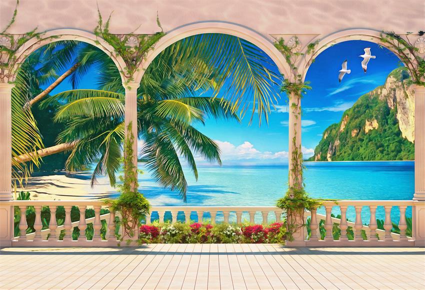 Seaside Blue Ocean Beach Photo Backdrop