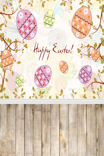 Happy Easter Eggs With Wood Floor Backdrops for Pictures GE-003
