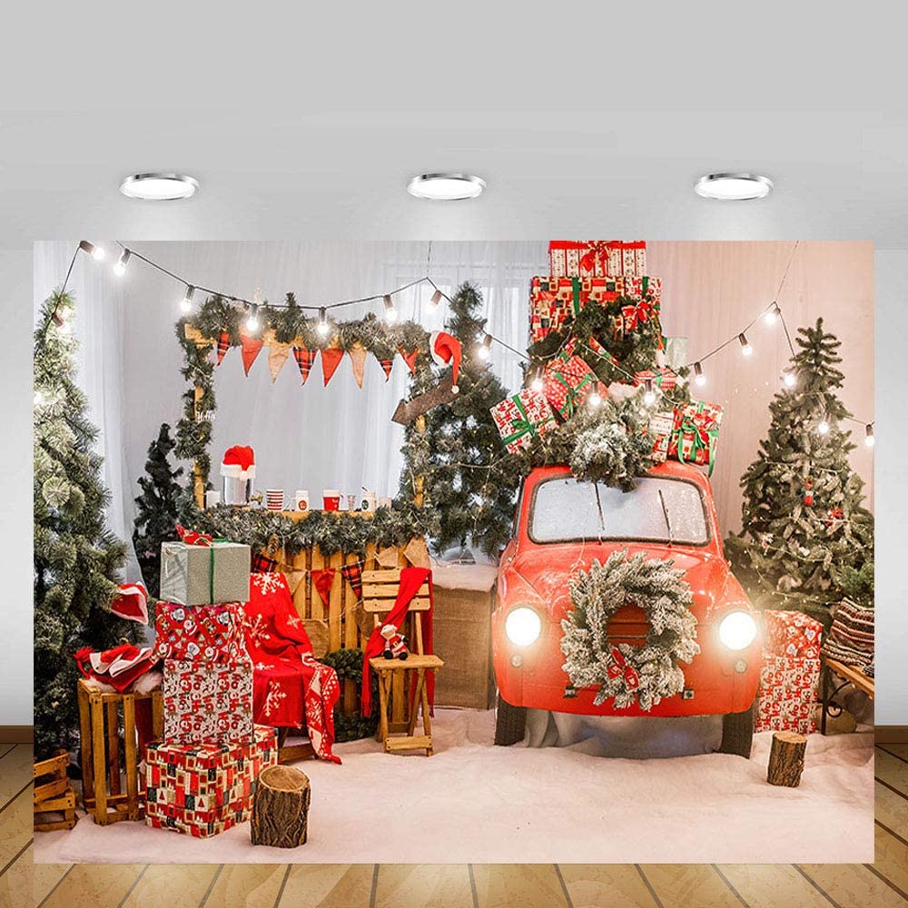 Red Car Christmas Decor New Year Lights Photo Backdrop KAT-181