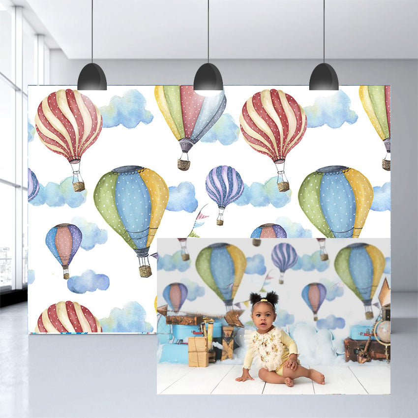 Colorful Hot Air Balloon and Blue Clouds Background for Baby Photography NB-404