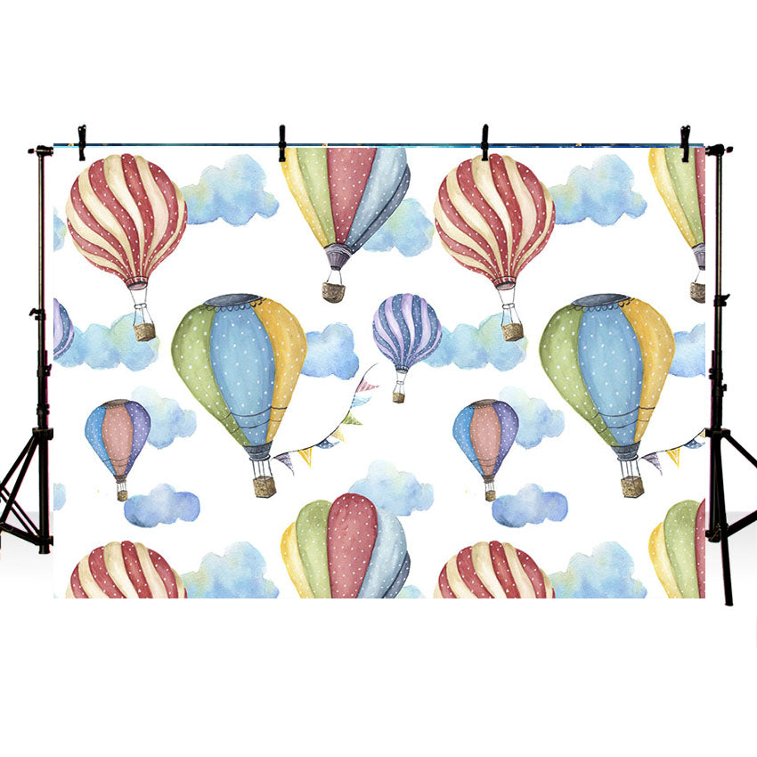 Colorful Hot Air Balloon and Blue Clouds Background for Baby Photography NB-404