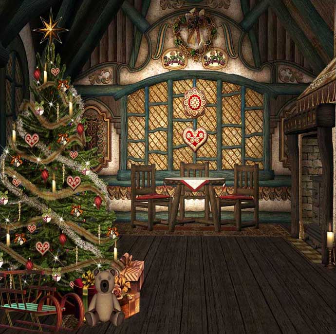 Christmas Tree Gift Wood House Photo Booth Backdrop ST-452