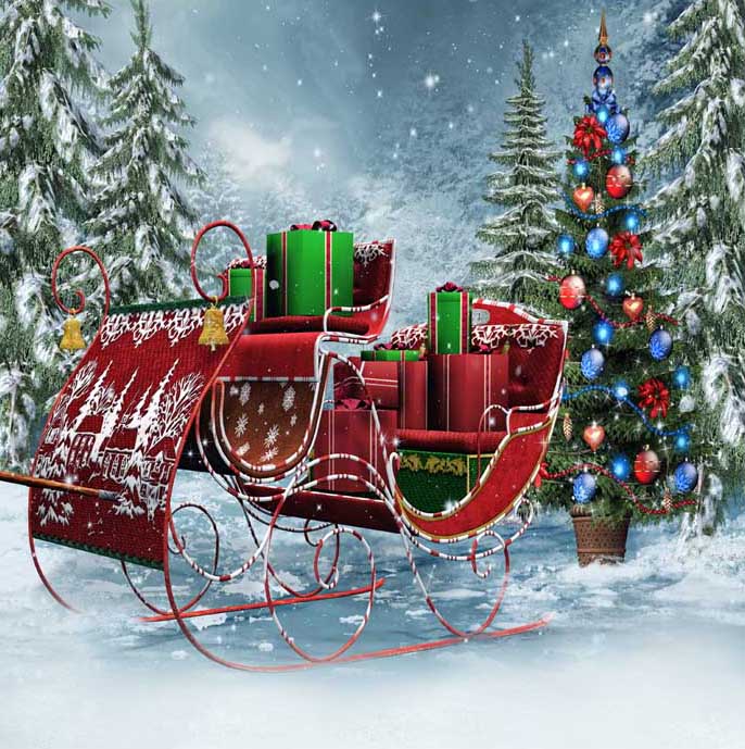 Santa's Sleigh Christmas Tree Gift Snow Backdrop for Picture ST-454