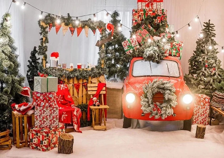 Red Car Christmas Decor New Year Lights Photo Backdrop