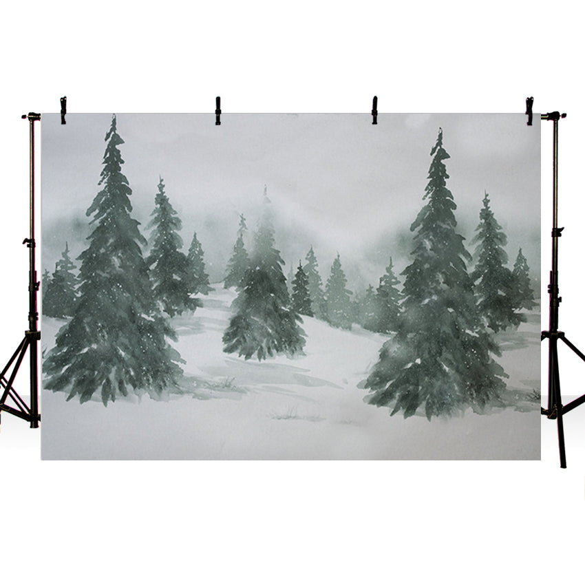 Christmas Trees Painting Backdrop Snow Fir Trees Background for Photography ZH-147