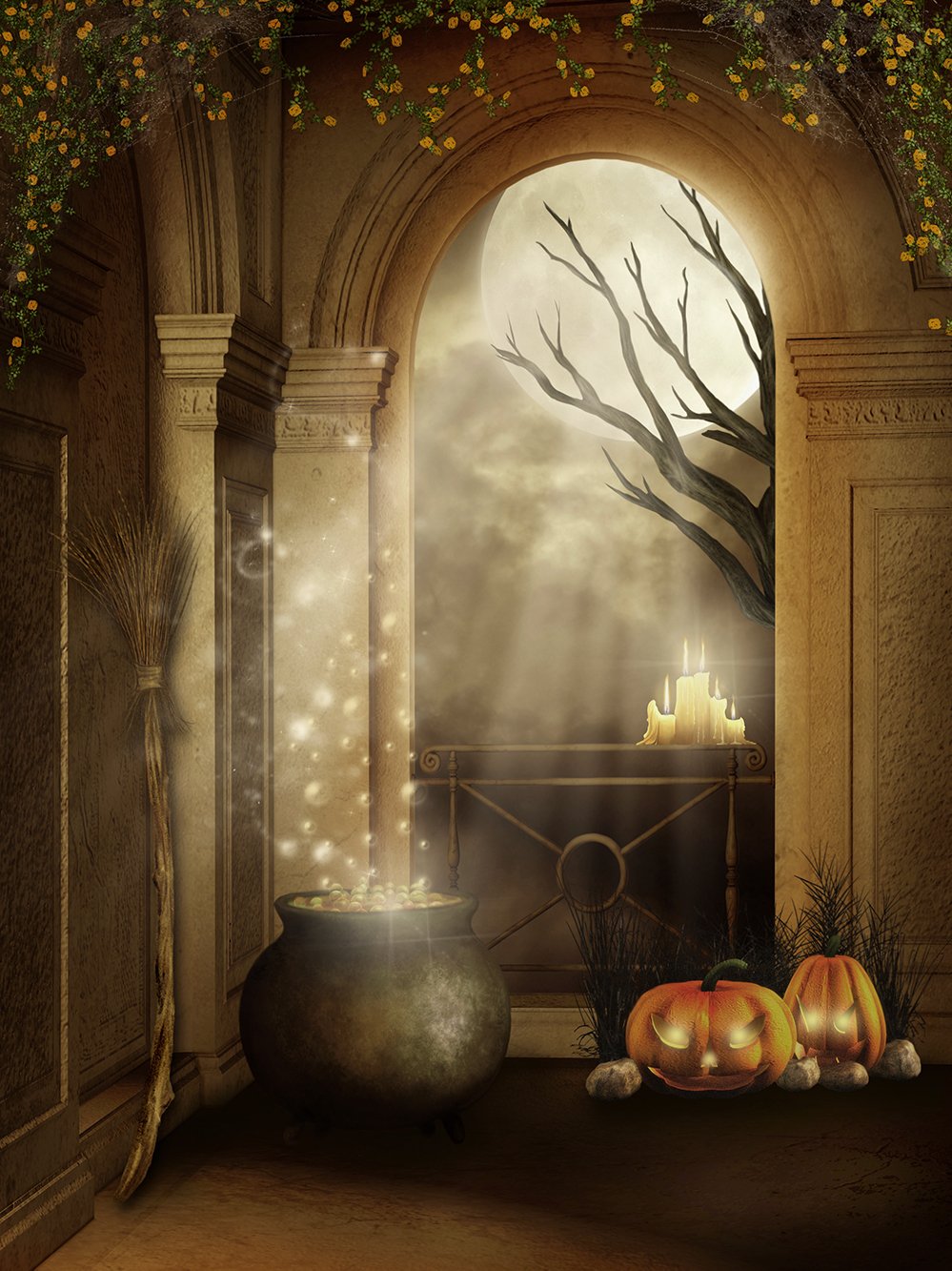 Halloween Pumpkin Candles Photography Backdrop DBD-P19063