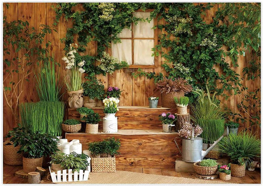 Spring Yard Patio of a Wooden House With Green Plants Backdrop