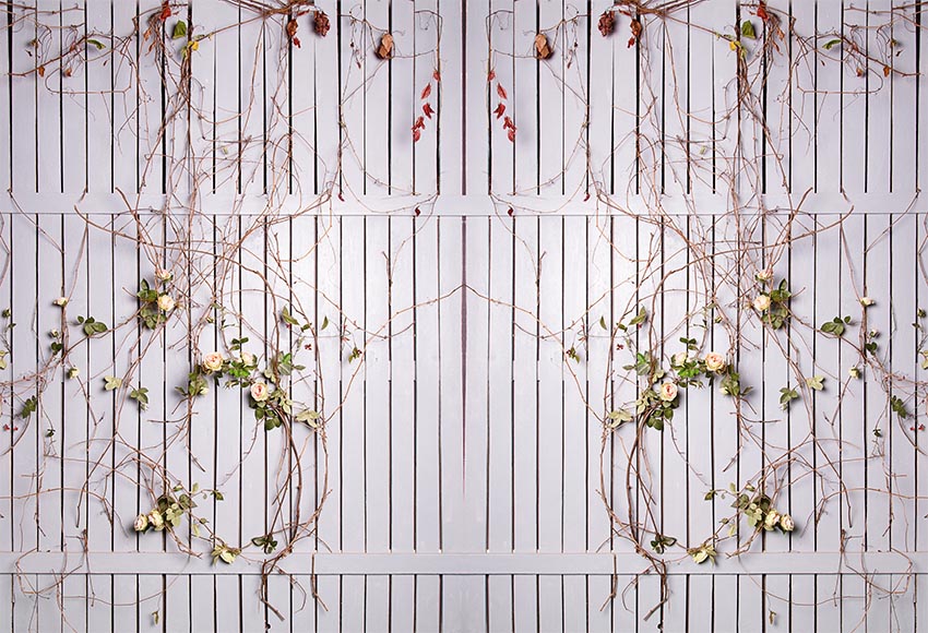 White Wooden Fence Twined with Roses Backdrop for Photography
