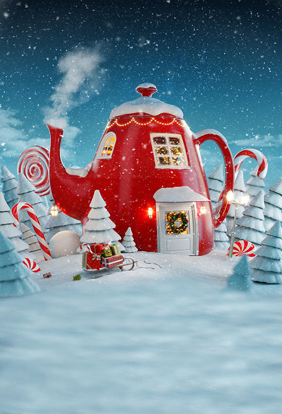 Christmas Night Tea House Snow Photo Shoot Backdrop LV-983