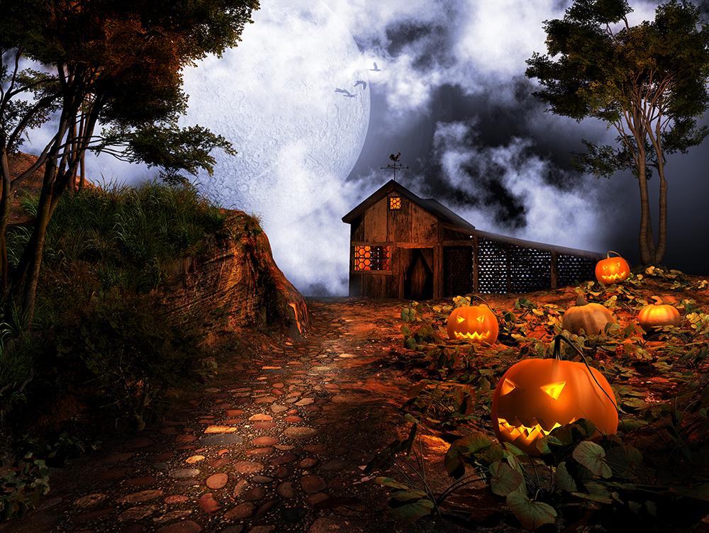 Halloween  Wooden House Pumpkin Photo Backdrop  DBD-H19064