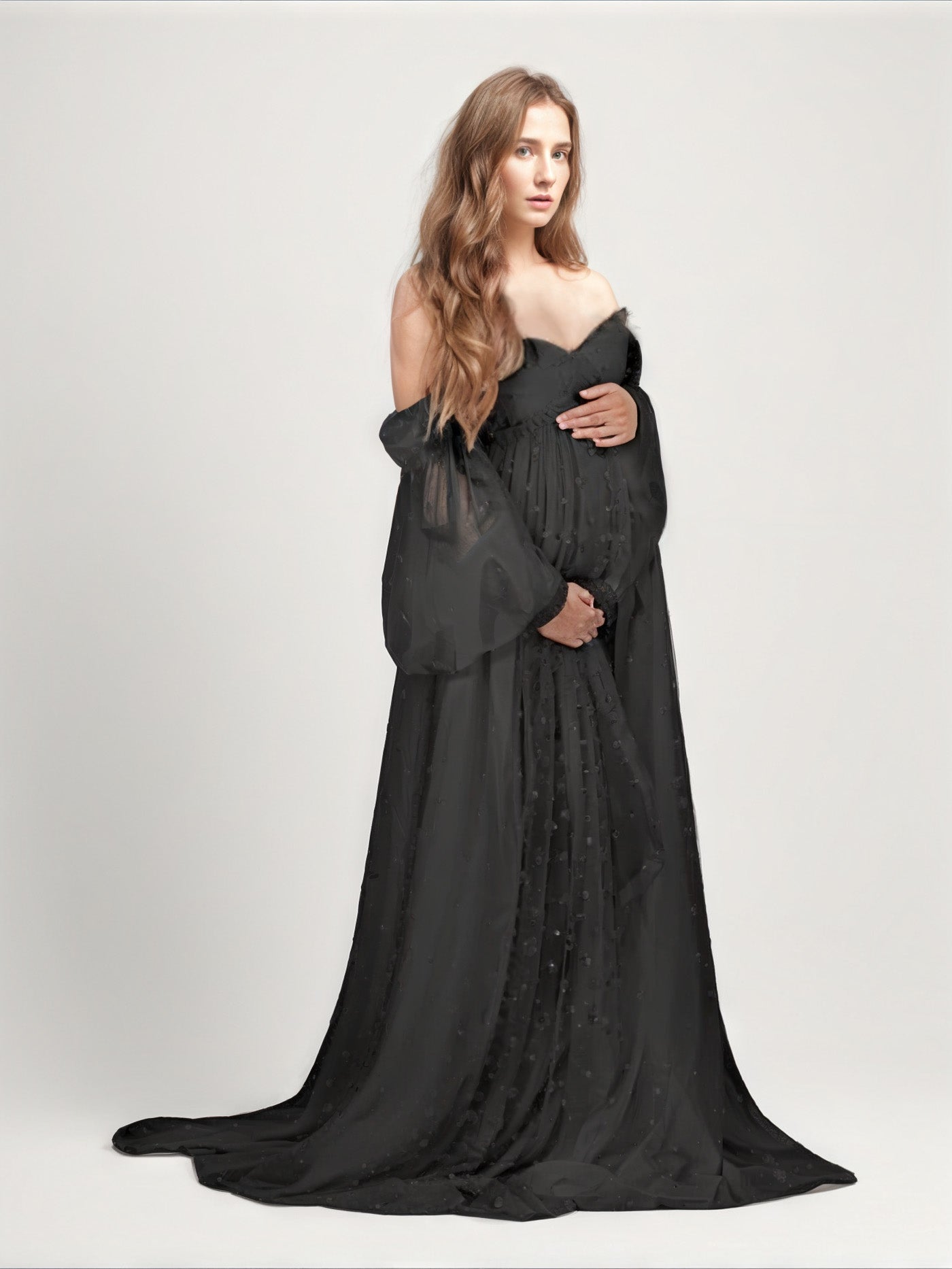 Off The Shoulder Pearl Tulle Robe for Maternity Photography RB1