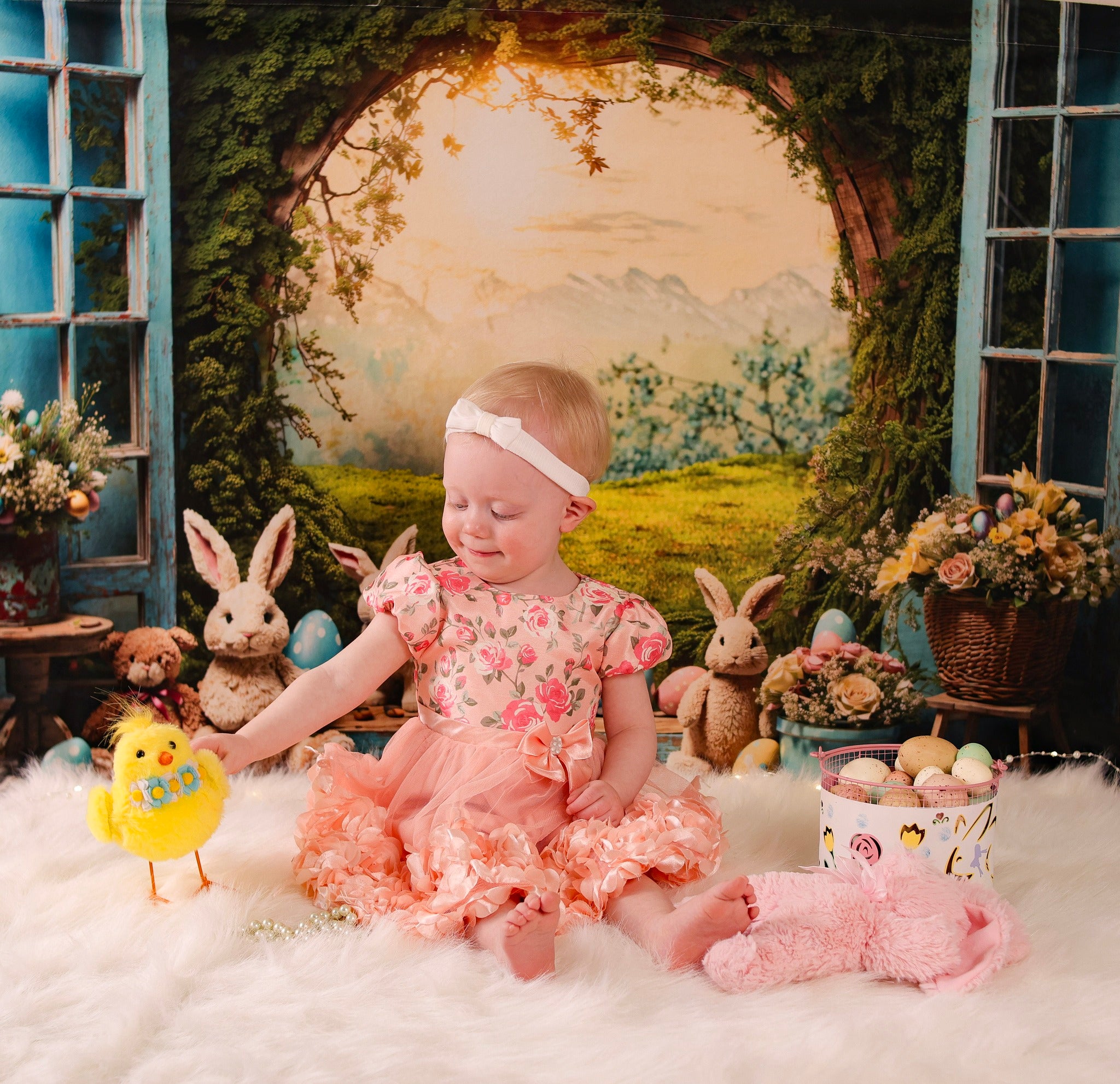 Easter Bunny Backdrop Sunset Meadow Rabbits Eggs Flowers Easter Backdrop MRR9-85