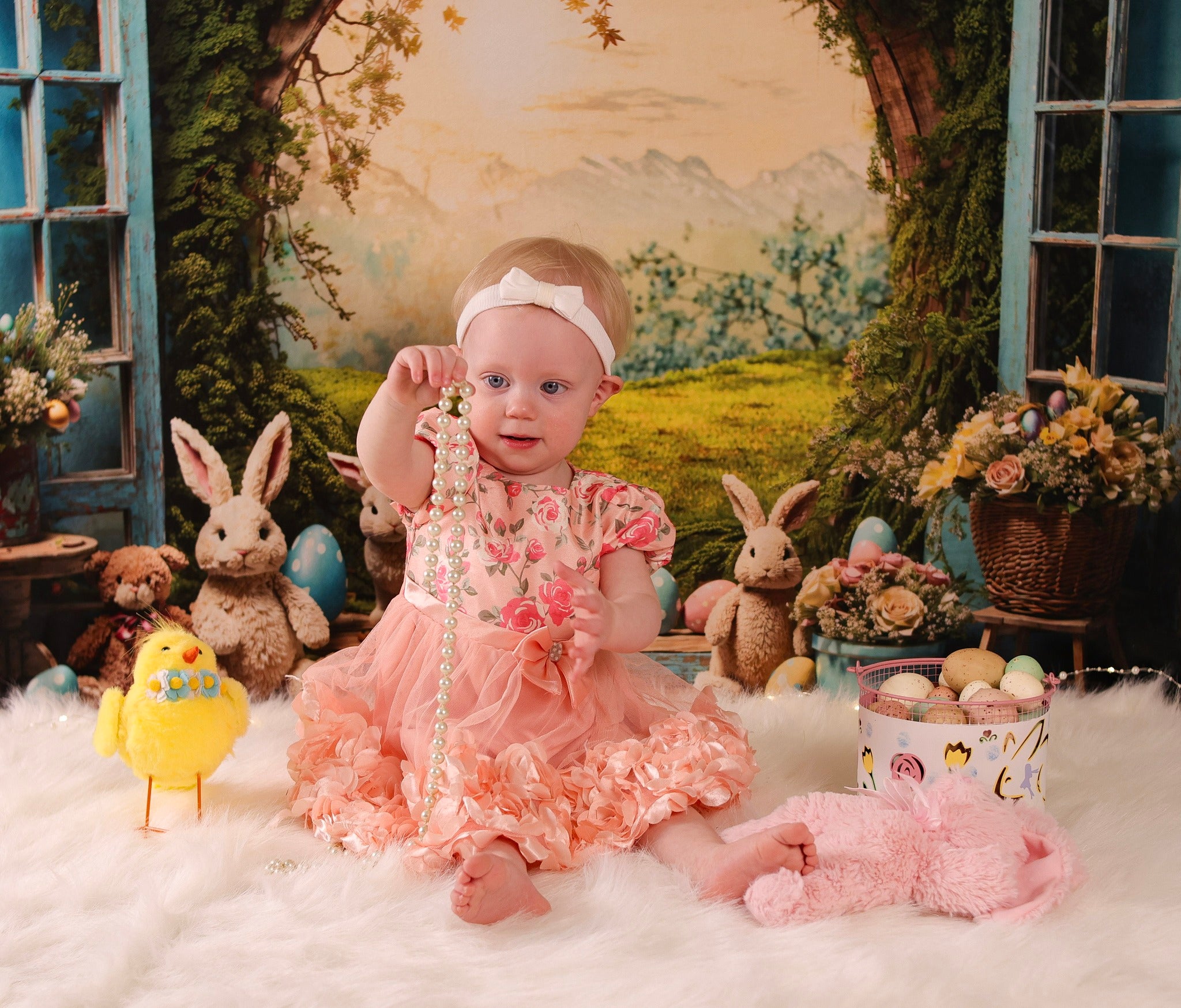 Easter Bunny Backdrop Sunset Meadow Rabbits Eggs Flowers Easter Backdrop MRR9-85